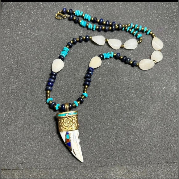 Boho South Western Style Large Inlaid Horn Pendant Turquoise Lapis Jasper Beads - Picture 1 of 9